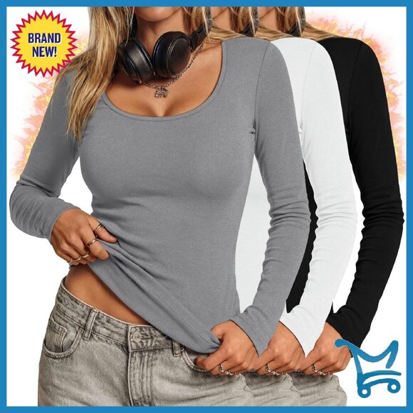 Women's Thermal Long Sleeve Shirts Fleece Lined Scoop Neck Base Layer 3 Pack